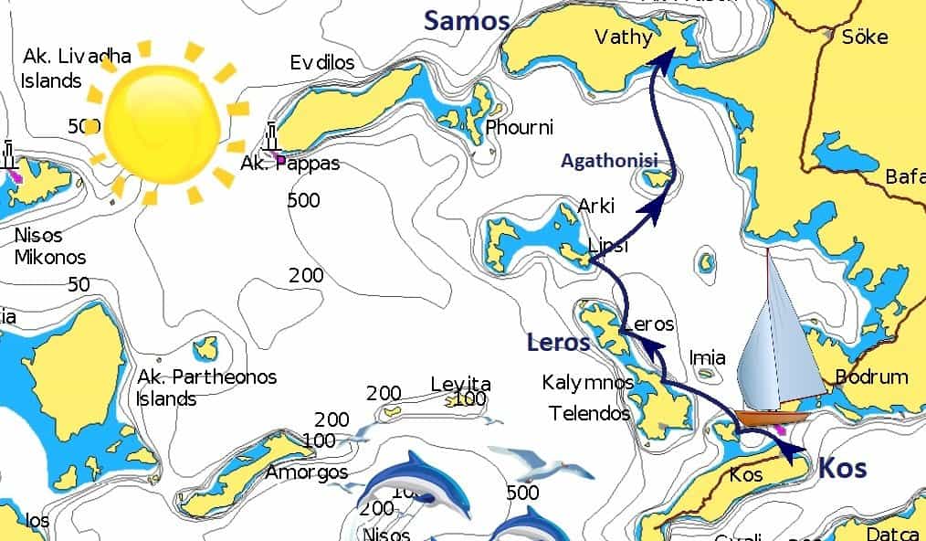 Mappa dell'itinerario da Kos a Samos