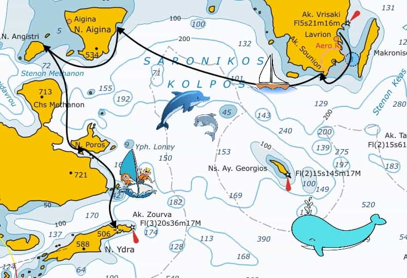 Mappa dell'itinerario da Lavrio a Hydra