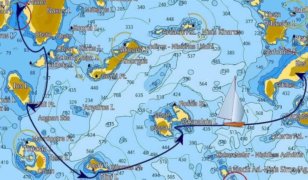 Mappa dell'itinerario da Naxos a Kos