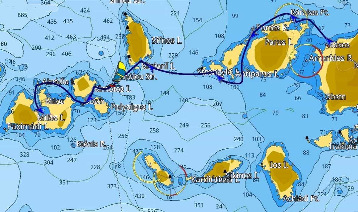 Mappa dell'itinerario da Naxos a Milos