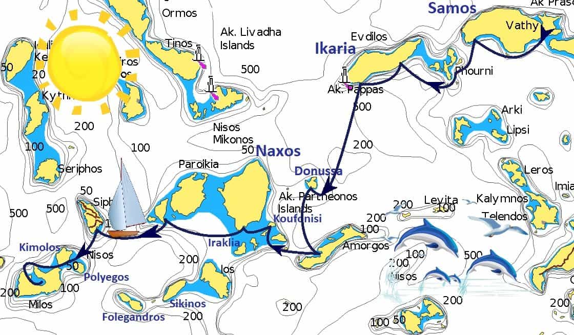 Mappa dell'itinerario da Samos a Milos