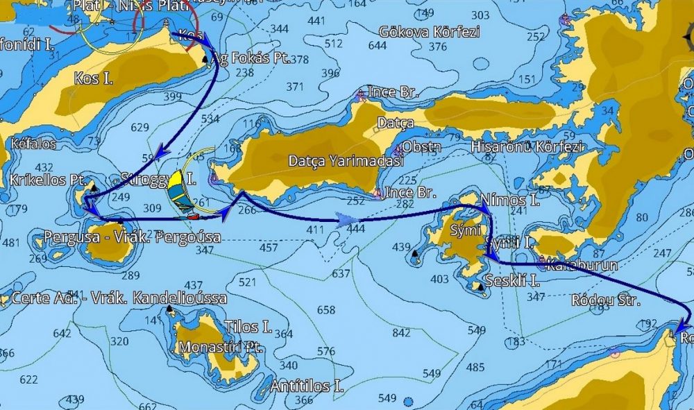 Mappa dell'itinerario da Kos a Rodi