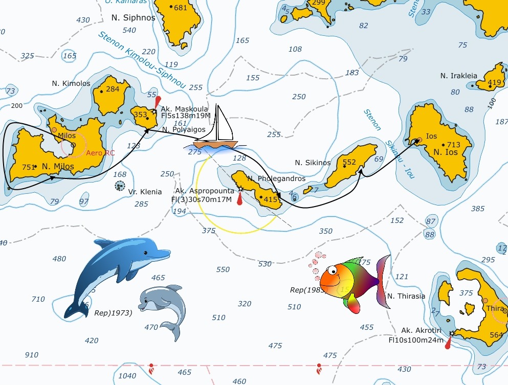 Mappa dell'itinerario da Milos a Ios