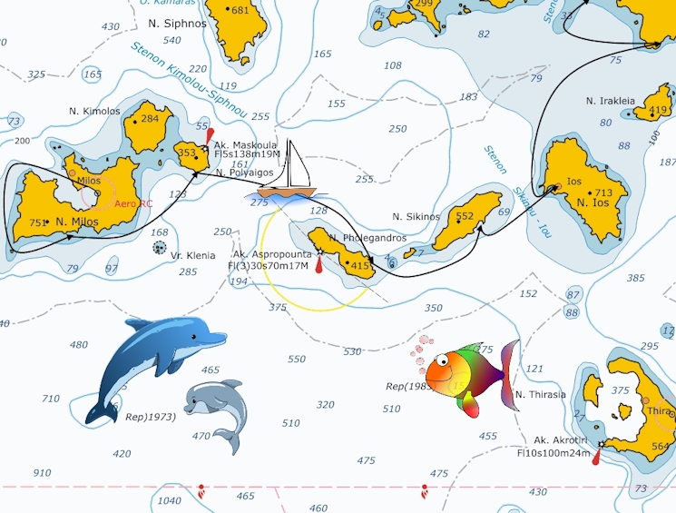 Mappa dell'itinerario da Milos a Naxos