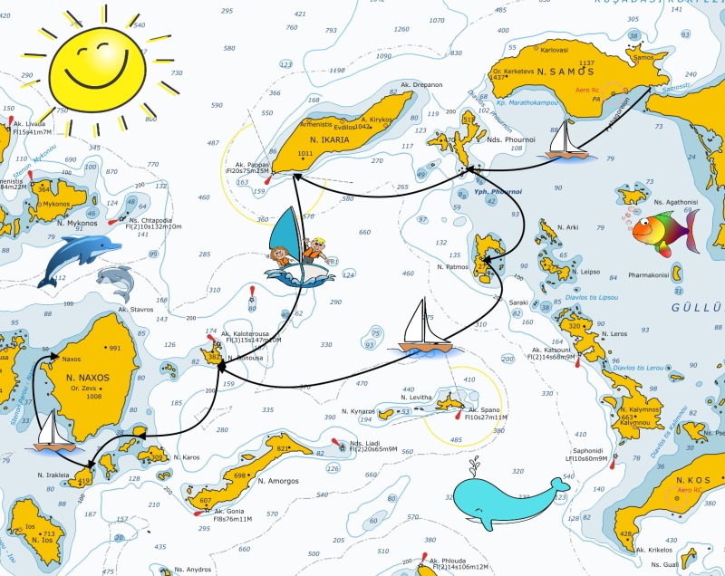 Mappa dell'itinerario da Samos a Naxos