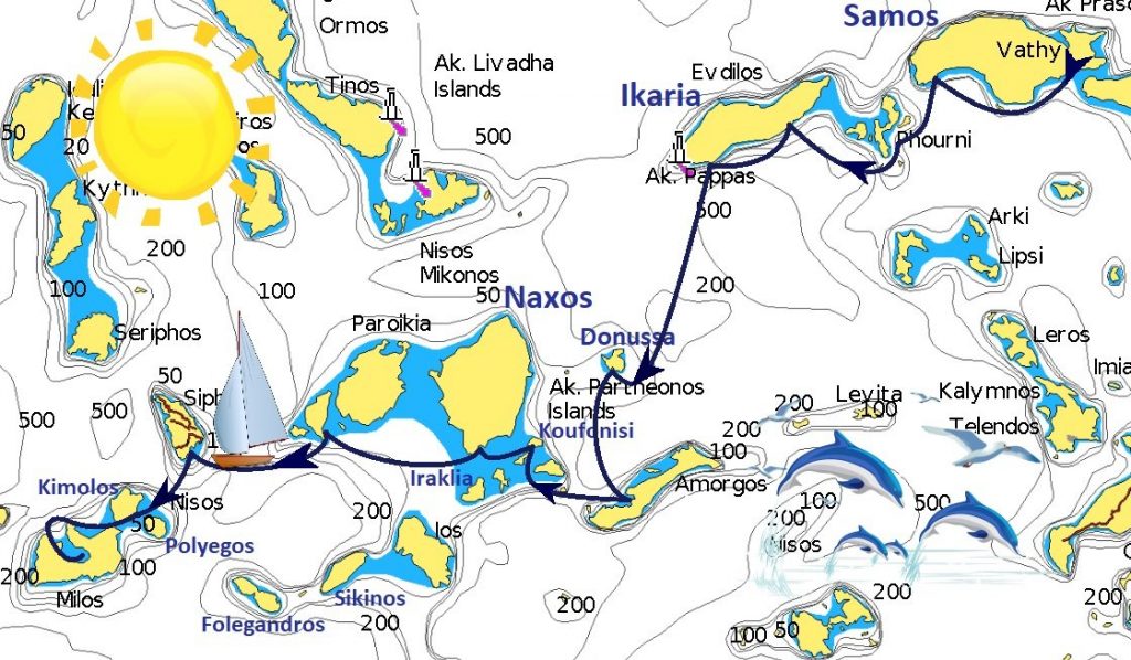 Mappa itinerario Samos Milos 1024x598 - Vacanze in barca a vela in Grecia
